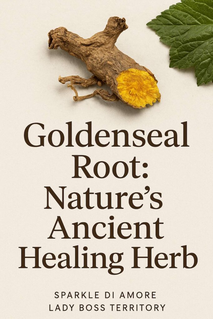 Goldenseal root with exposed yellow interior and green leaf, text overlay describing it as nature’s ancient healing herb.