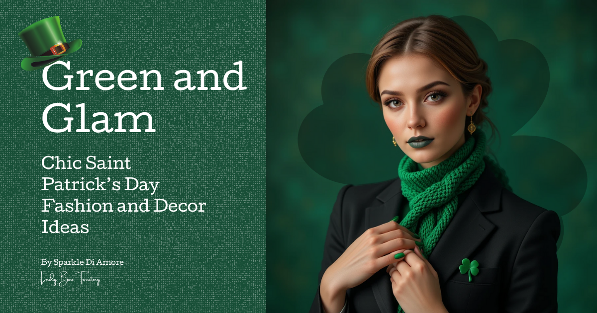 Chic Saint Patrick’s Day fashion and decor inspiration – stylish woman in green scarf and shamrock brooch.