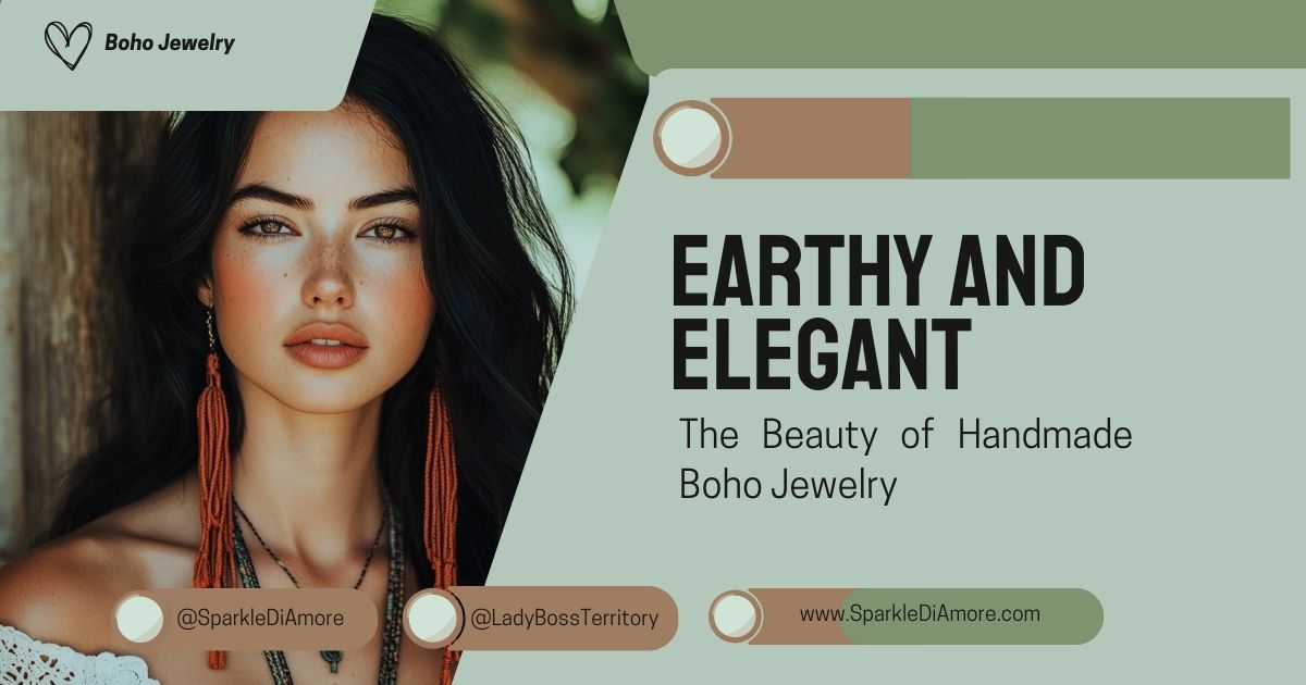 A woman with long dark hair, wearing handmade boho jewelry, including beaded earrings and layered necklaces, embracing earthy elegance.