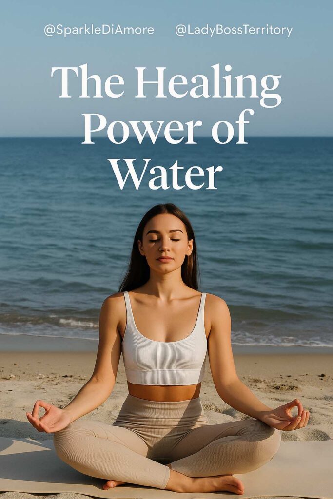Woman meditating in lotus pose on the beach with ocean waves in the background