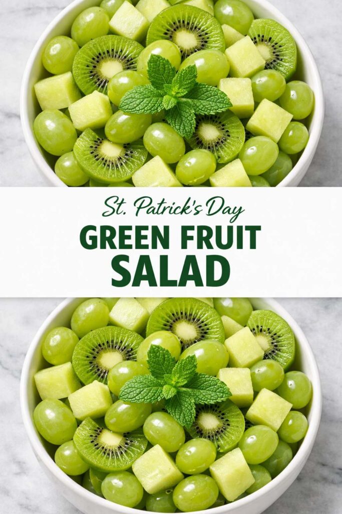 Healthy Saint Patrick’s Day green fruit salad with kiwi and grapes in a white bowl.