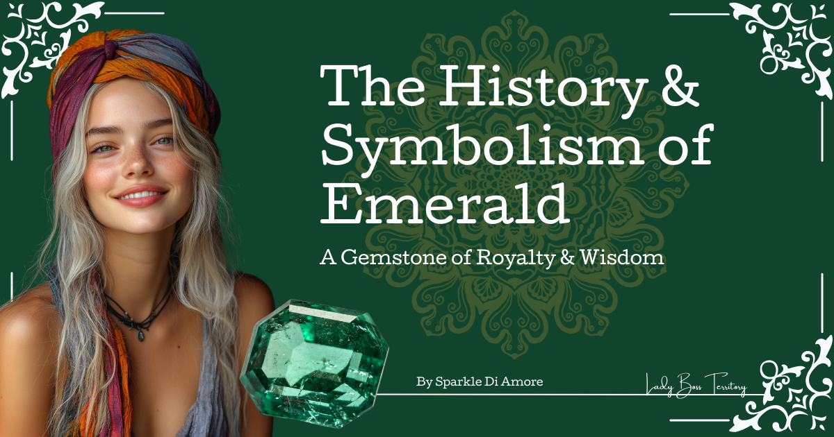 The history and symbolism of emerald, a gemstone of royalty and wisdom, featuring a boho-inspired woman wearing jewelry with an emerald crystal in the design.