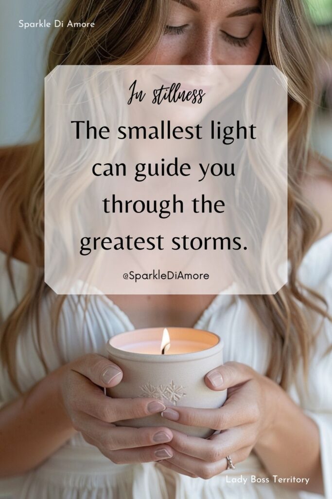 A serene woman in a white dress holding a softly glowing candle with a peaceful expression. The quote overlays the image, inspiring stillness, mindfulness, and inner light.