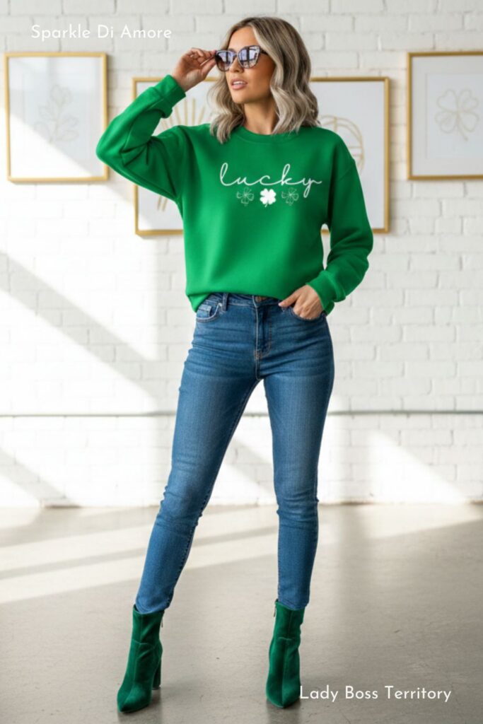 Woman wearing a green Lucky Clover St Patrick’s Day Sweatshirt with a white four leaf shamrock design in a chic office setting.