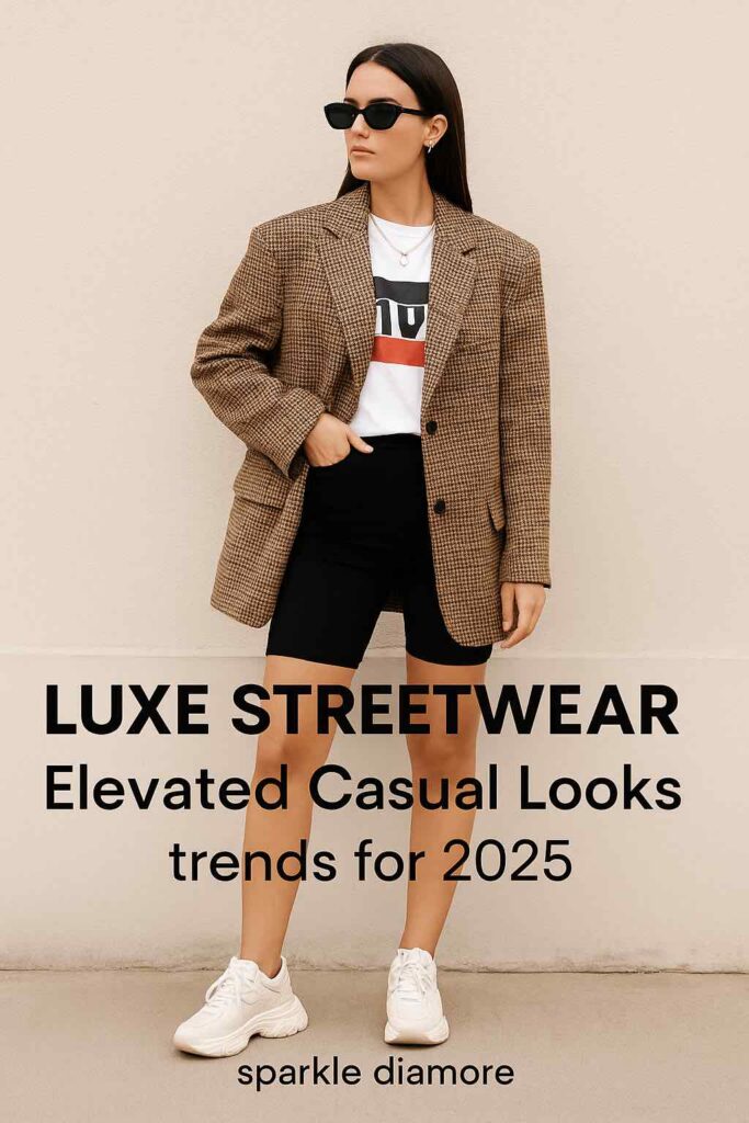 Stylish woman in oversized houndstooth blazer, graphic tee, and biker shorts, showcasing luxe streetwear trends for 2025