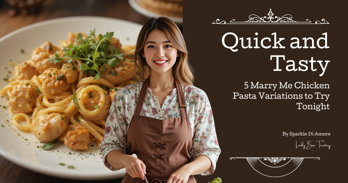 Smiling woman cooking Marry Me Chicken Pasta with creamy sauce, herbs, and pasta on a rustic table.