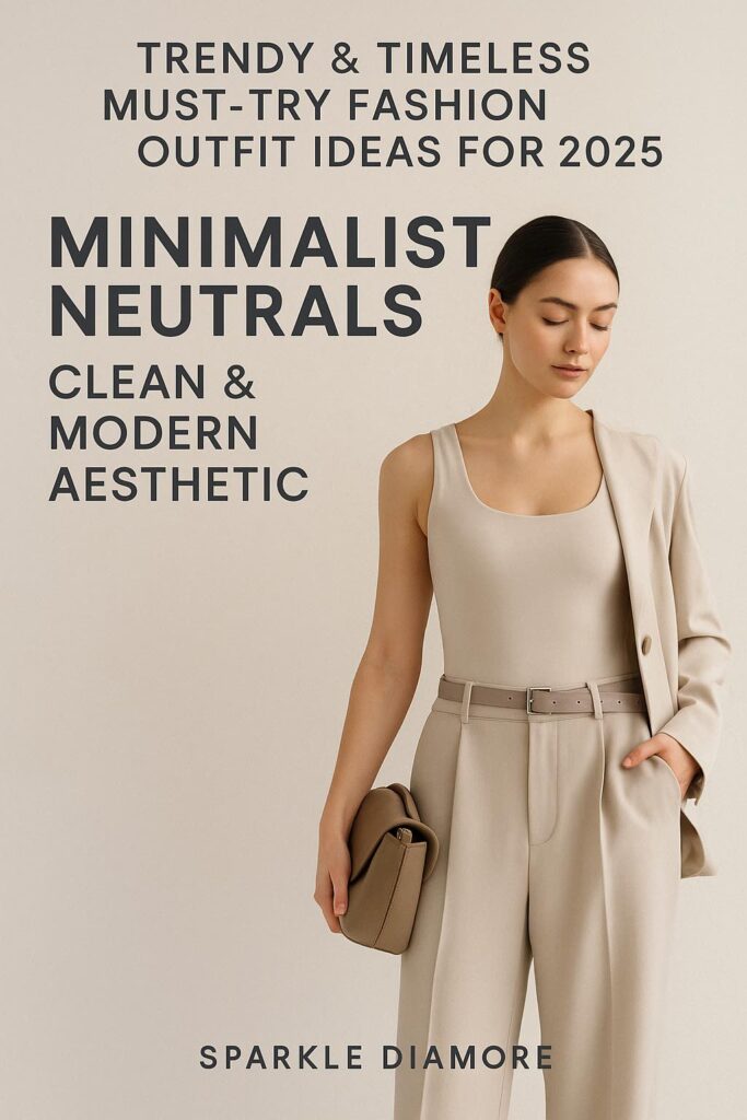 Elegant woman in a neutral-tone outfit, featuring a beige tank top, high-waisted trousers, and structured clutch, showcasing minimalist style for 2025
