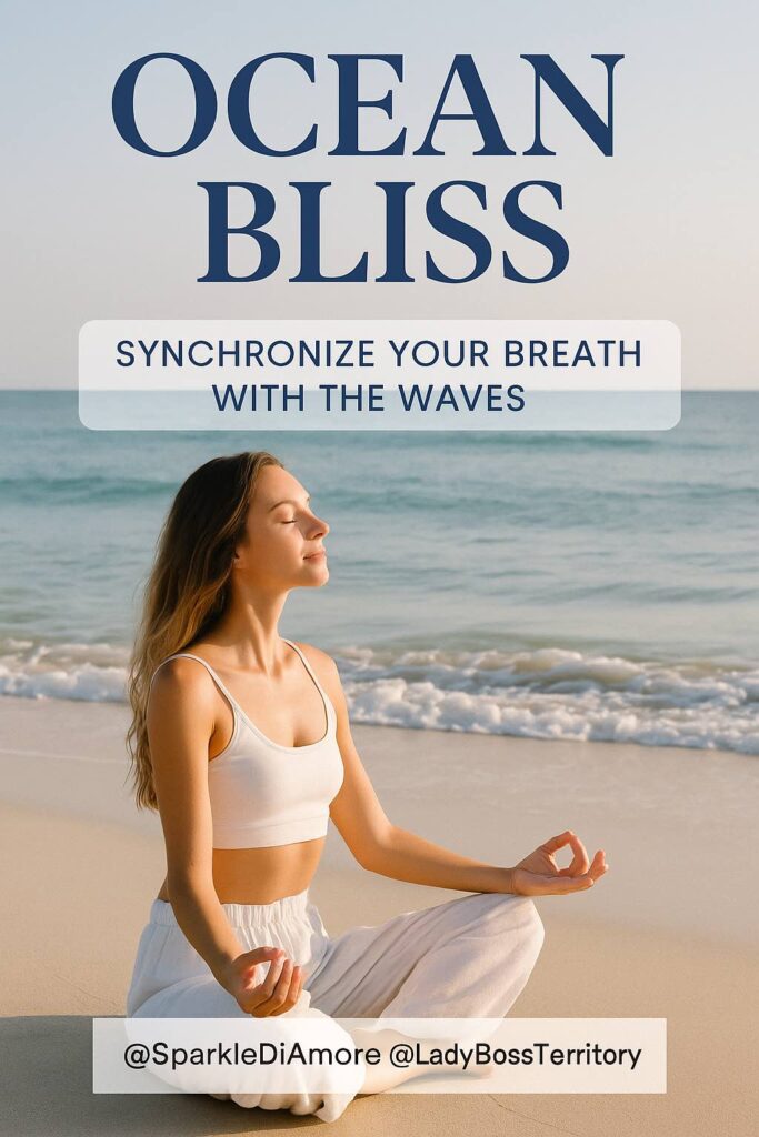 Woman meditating on the beach in lotus pose, synchronizing breath with ocean waves at sunrise