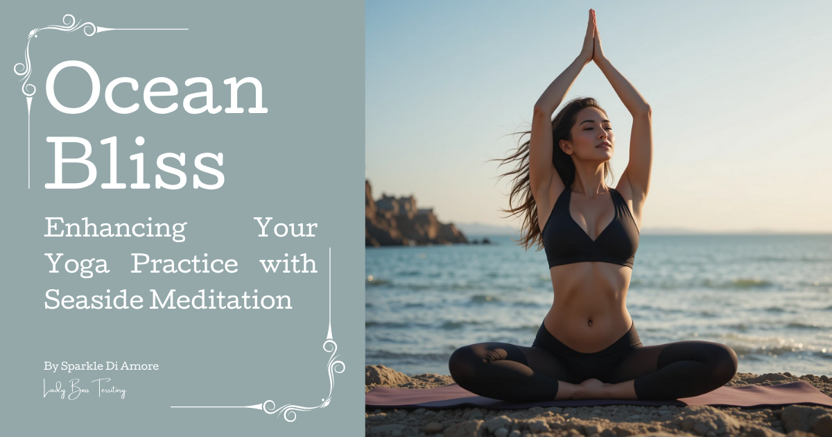 Woman practicing yoga by the ocean, meditating under the open sky with waves in the background.