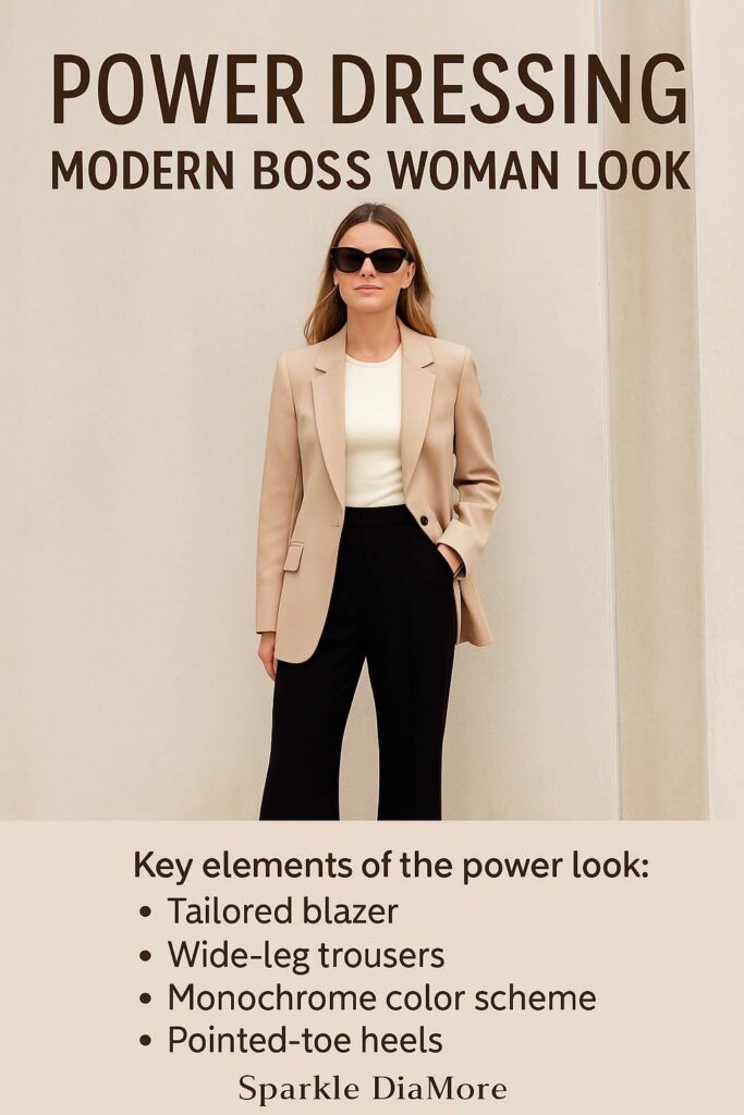 Confident woman in a tailored beige blazer, black wide-leg trousers, and sunglasses, showcasing a modern boss woman power dressing look