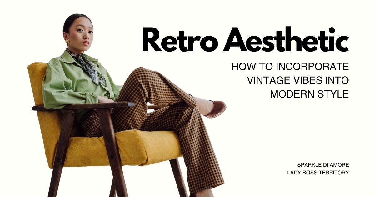 Stylish woman in retro-inspired outfit sitting on a vintage mustard chair, showcasing retro aesthetic fashion trends for 2025.