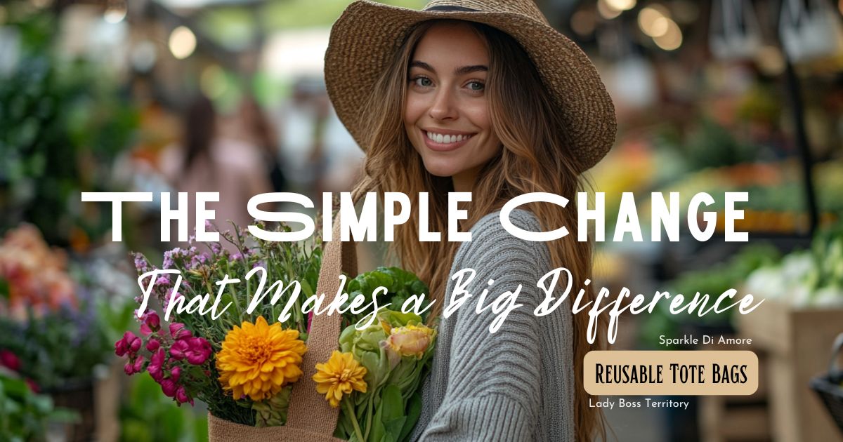 A smiling woman at an outdoor farmer’s market carrying a reusable tote bag filled with fresh flowers and produce, promoting sustainable shopping and eco-friendly living.