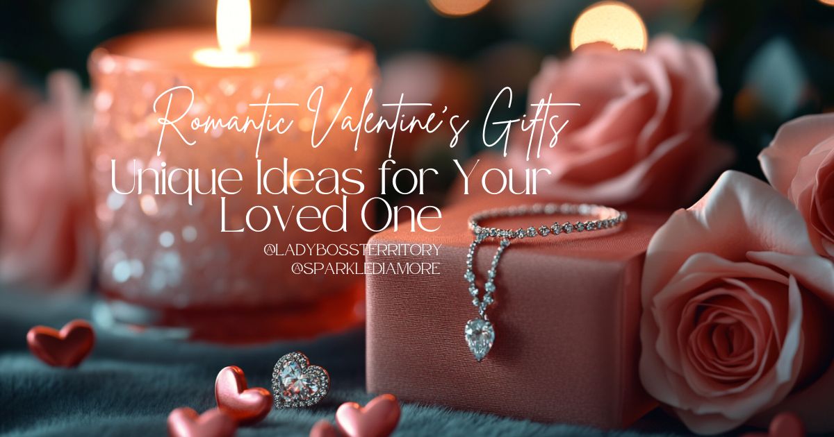 A beautifully arranged Valentine’s Day gift scene featuring a sparkling diamond necklace, elegant jewelry box, soft pink roses, glowing candlelight, and romantic heart decorations.