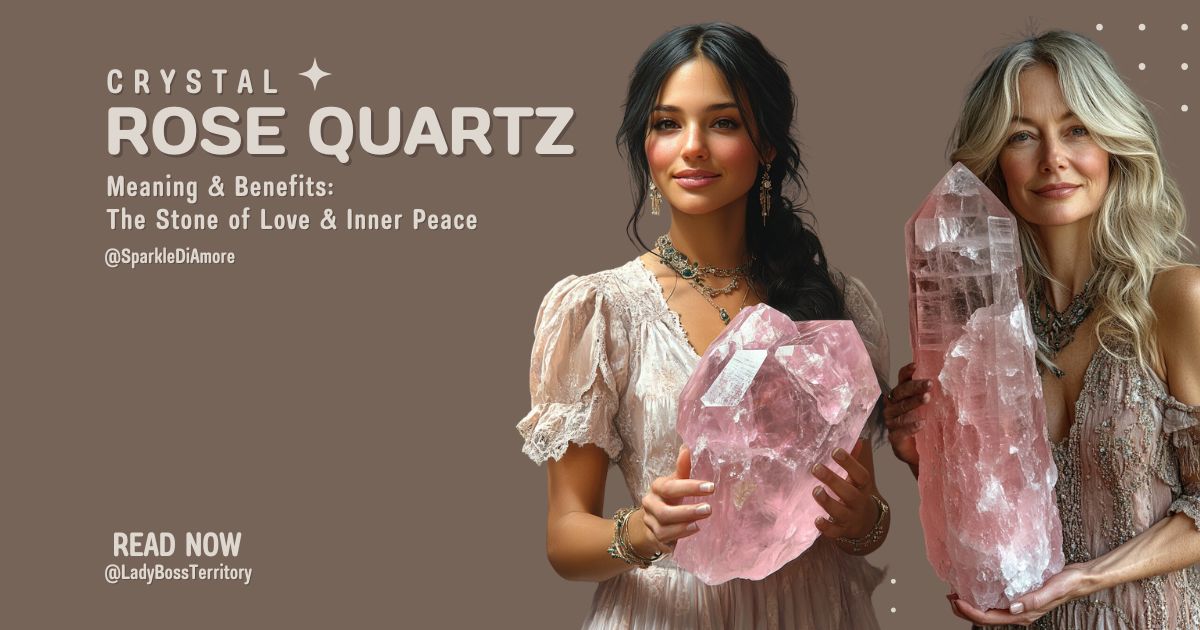 Two elegantly dressed women holding large rose quartz crystals, symbolizing love, harmony, and emotional healing.
