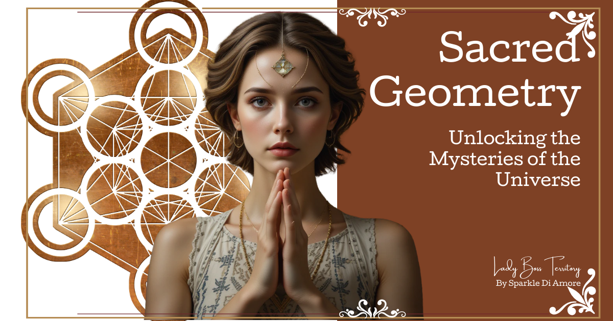 Bohemian woman in meditation pose with sacred geometry art background, symbolizing universal connection and ancient wisdom.