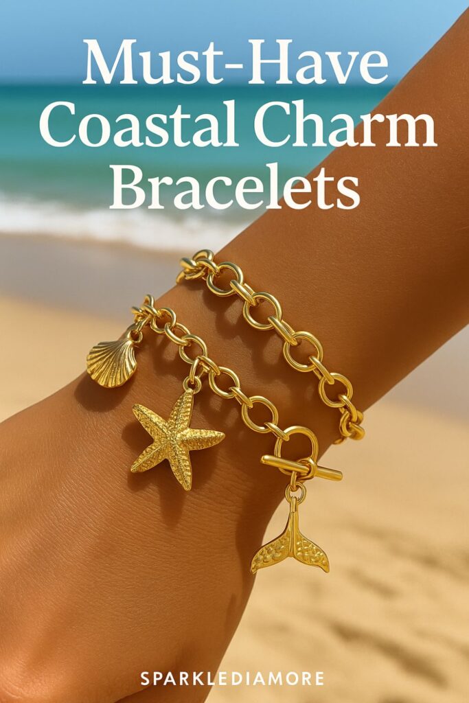 Close-up of gold coastal charm bracelet with starfish, shell, and mermaid tail charms worn during a beachside yoga session.