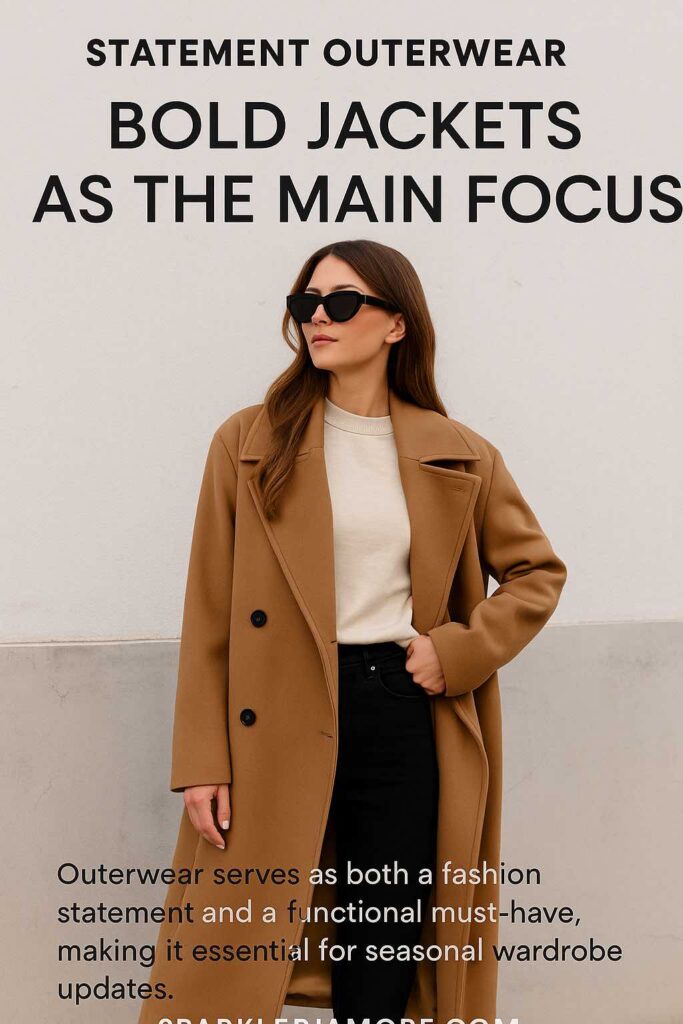 Chic woman wearing a camel-colored statement coat over a cream sweater and black jeans, highlighting bold outerwear trends for 2025