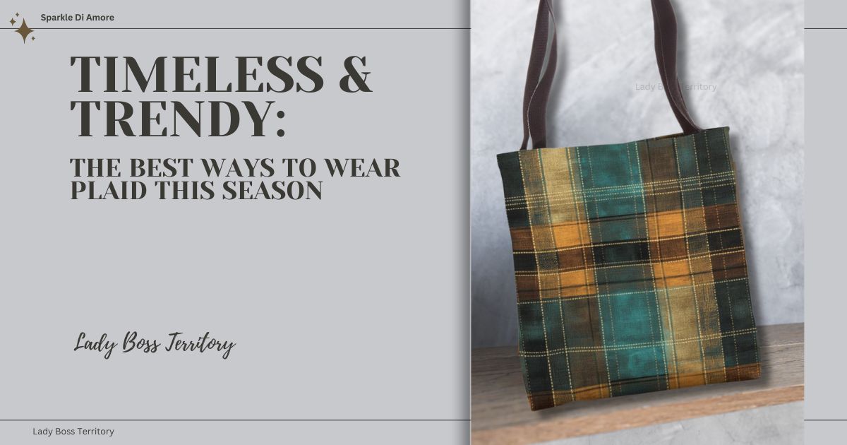A stylish plaid tote bag featuring a rustic turquoise and orange checkered pattern, representing the timeless and trendy appeal of plaid in fashion and accessories.