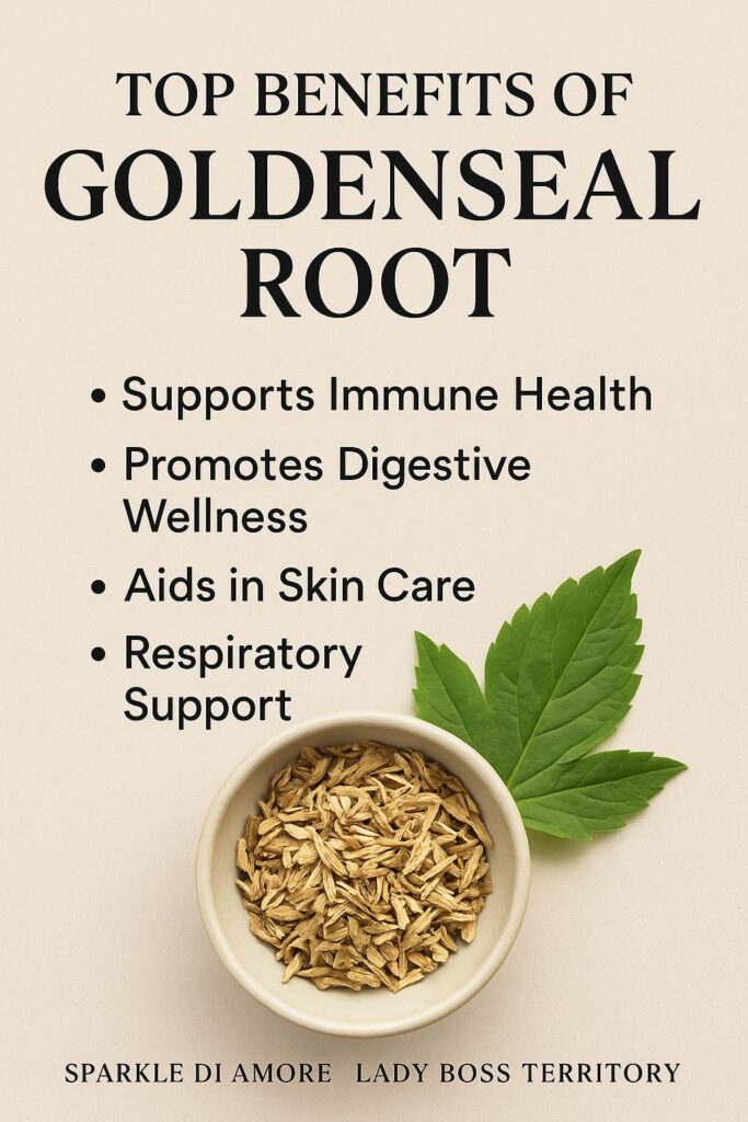 Goldenseal root benefits list showing immune health, digestive wellness, skincare, and respiratory support with a bowl of dried root and fresh green leaf.