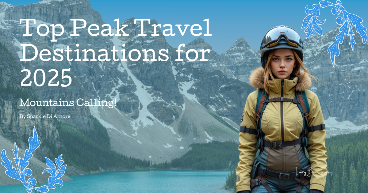 Adventurous woman in mountain gear standing by a stunning alpine lake, showcasing top peak travel destinations for 2025.