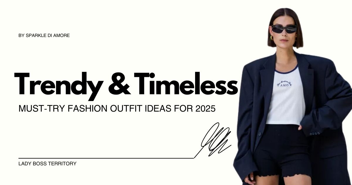 A modern, stylish woman wearing a chic oversized blazer, minimalist sunglasses, and a trendy outfit, embodying the trendy yet timeless fashion aesthetic for 2025.