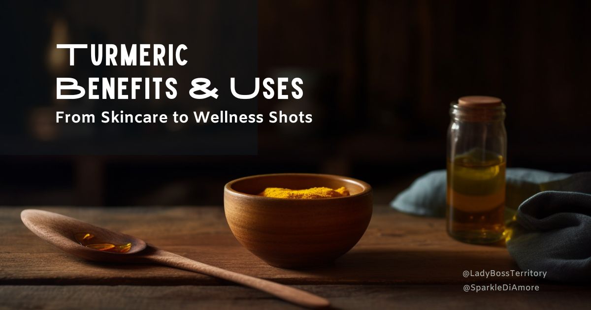 A wooden bowl filled with turmeric powder, a wooden spoon with turmeric capsules, and a glass jar of turmeric-infused oil, set on a rustic wooden table.