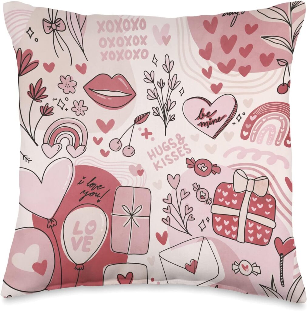 A charming Valentine’s Day decorative pillow featuring romantic doodles, hearts, love letters, and gifts in soft pink and red tones. Perfect for adding a festive touch to any space.