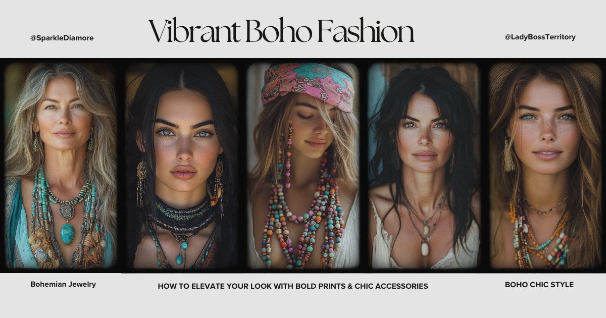 A collage of stylish women wearing vibrant boho fashion, featuring bold prints, statement jewelry, and chic accessories, embodying free-spirited bohemian style.