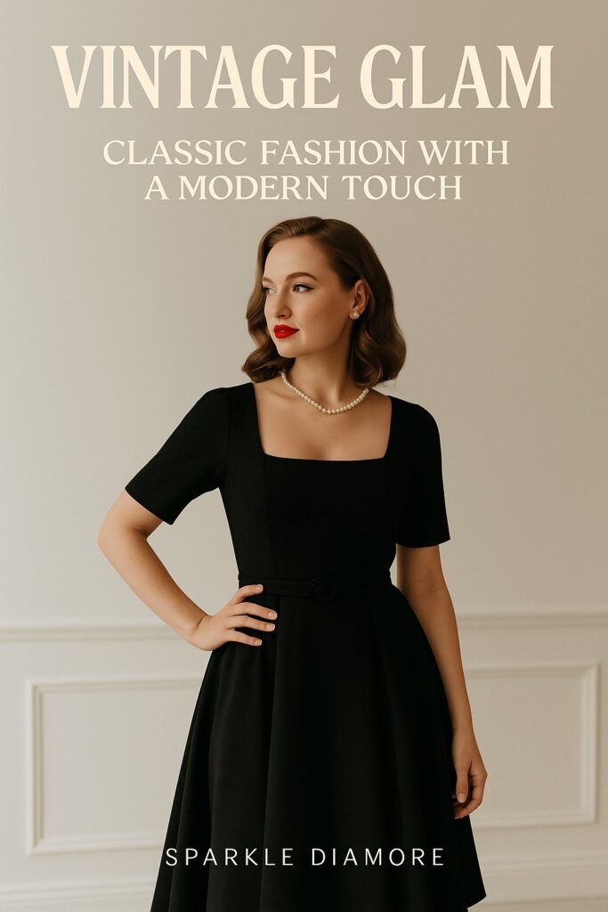 Elegant woman in a black vintage-inspired dress with pearl necklace and red lipstick, showcasing classic fashion with a modern touch