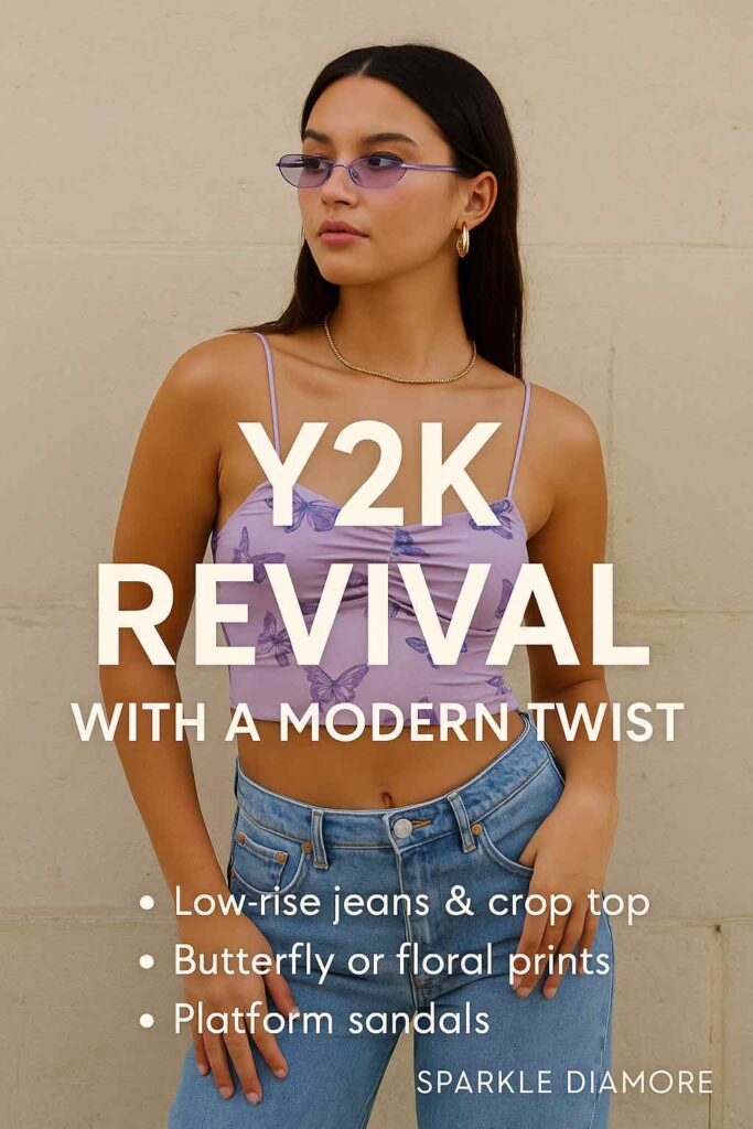 Trendy young woman wearing a butterfly print crop top, low-rise jeans, and purple sunglasses, showcasing Y2K revival fashion with a modern twist