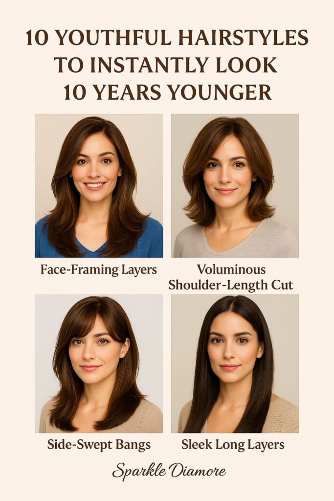 Four youthful hairstyles for women including face-framing layers, voluminous shoulder-length cut, side-swept bangs, and sleek long layers.