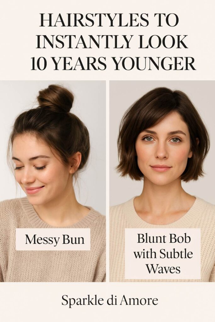 Pinterest graphic of four youthful hairstyles for women including soft layered bob, wispy bangs, shoulder-length waves, and modern pixie cut for a younger appearance.