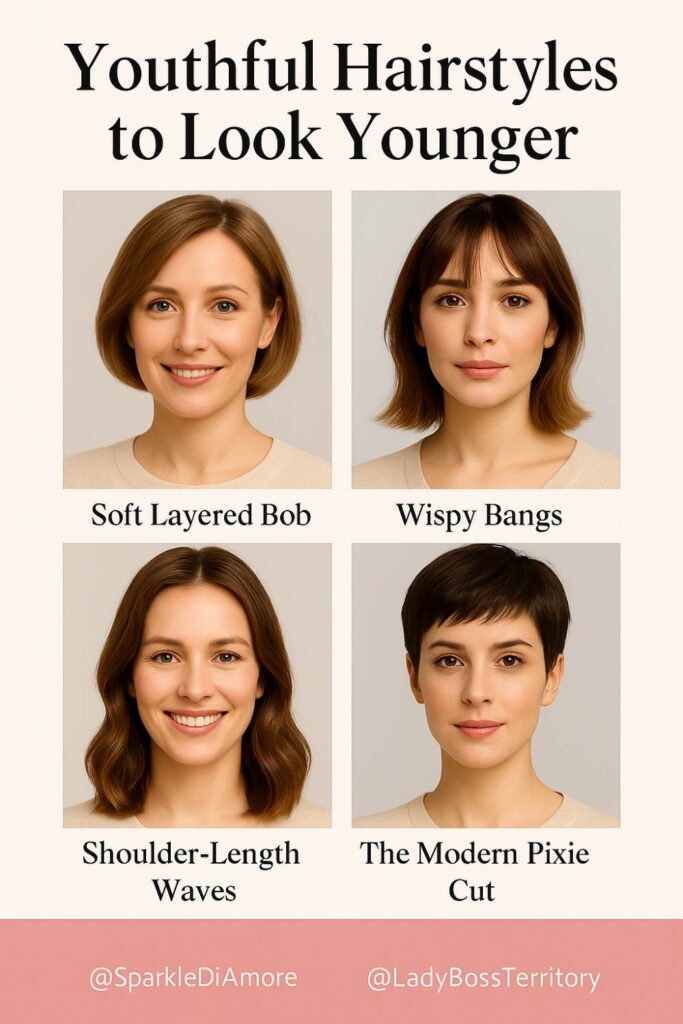 Collage of youthful hairstyles for women including soft layered bob, wispy bangs, shoulder-length waves, and a modern pixie cut to look younger.