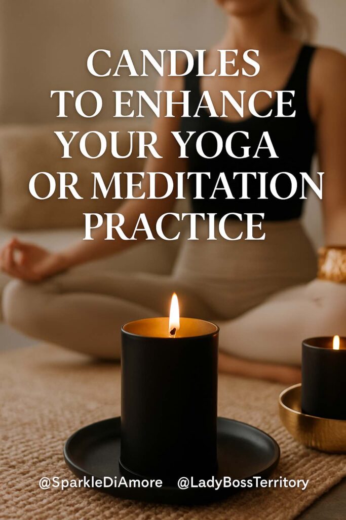 Lit black aromatherapy candles placed near a woman meditating in a cross-legged yoga pose to enhance mindfulness and calm.