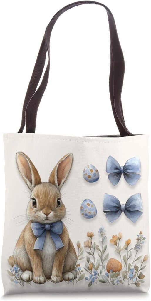 Easter bunny design with blue bows and floral accents on a stylish bag, perfect for spring celebrations and Easter decor lovers.