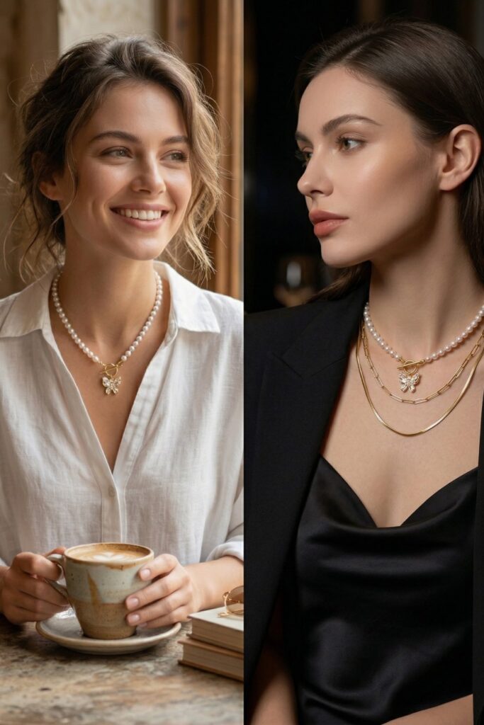 A visual guide demonstrating how to style the Butterfly Pearl Necklace (14k gold over sterling silver) for both casual daytime look with a coffee cup and a formal evening event wearing a black blazer.