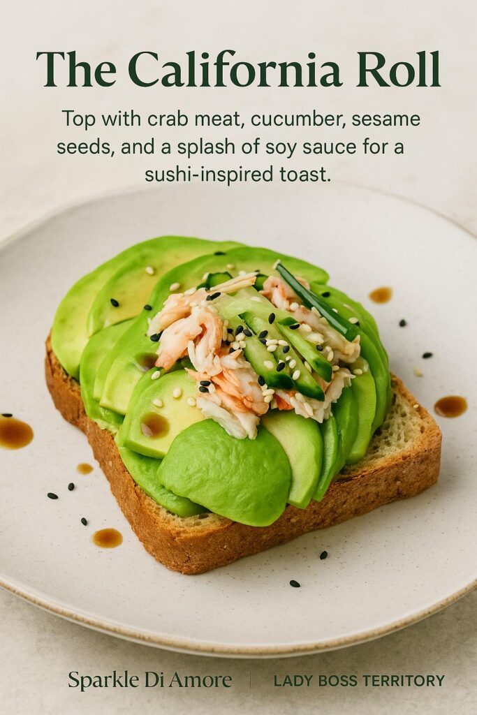Avocado toast topped with crab meat, cucumber slices, sesame seeds, and soy sauce for a sushi-inspired flavor.