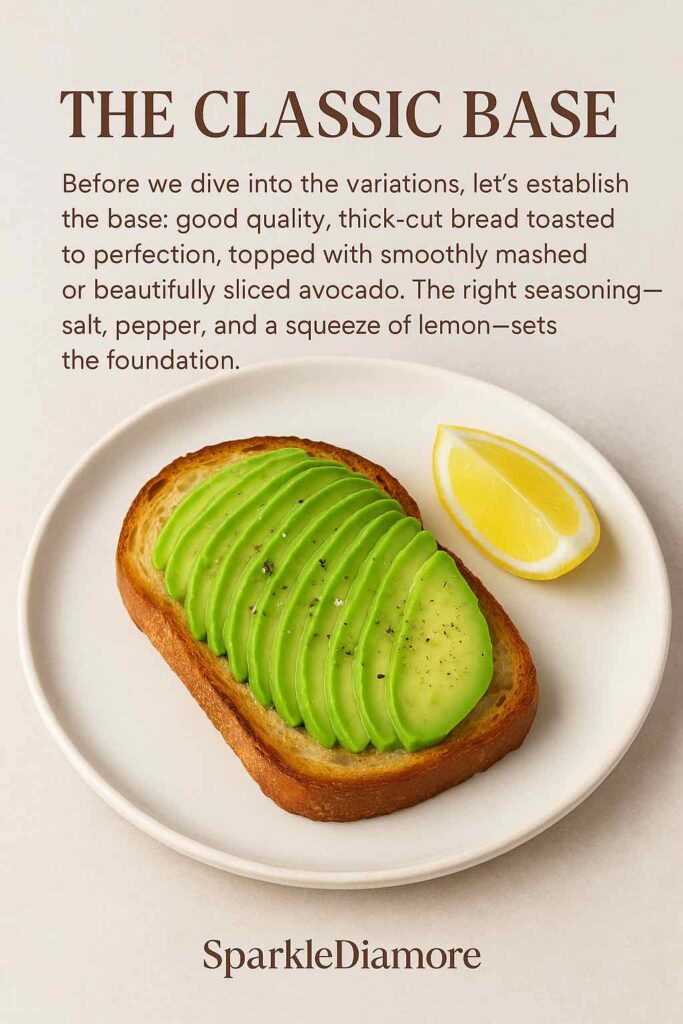 Golden-brown toast topped with fresh sliced avocado and a lemon wedge, showcasing the classic base for avocado toast variations.