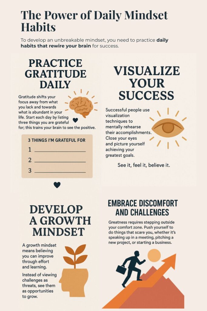 Daily mindset habits to rewire your brain for success – practice gratitude, visualize success, develop a growth mindset, and embrace challenges.