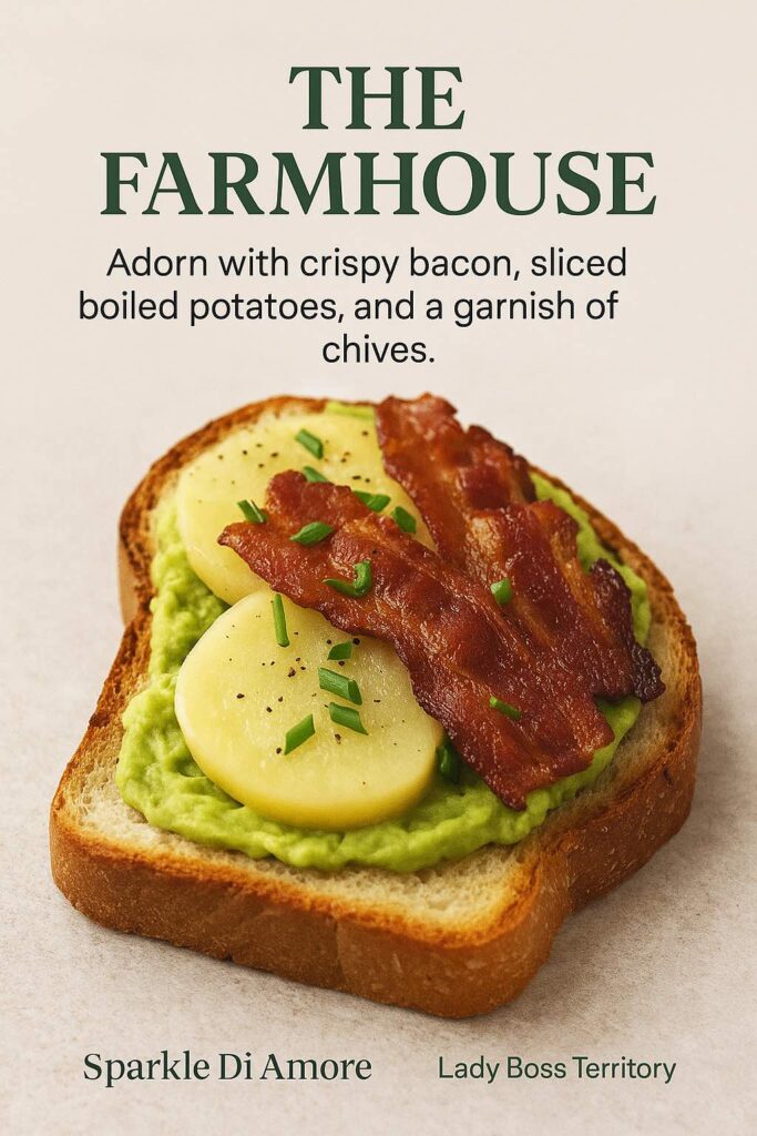 Avocado toast topped with crispy bacon, sliced boiled potatoes, and fresh chives for a hearty farmhouse-style recipe.