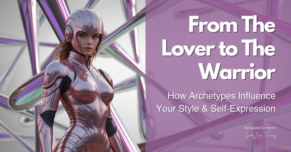 A futuristic female warrior in a sleek, metallic pink armor suit, symbolizing the transition from lover to warrior archetype in personal style and self-expression.