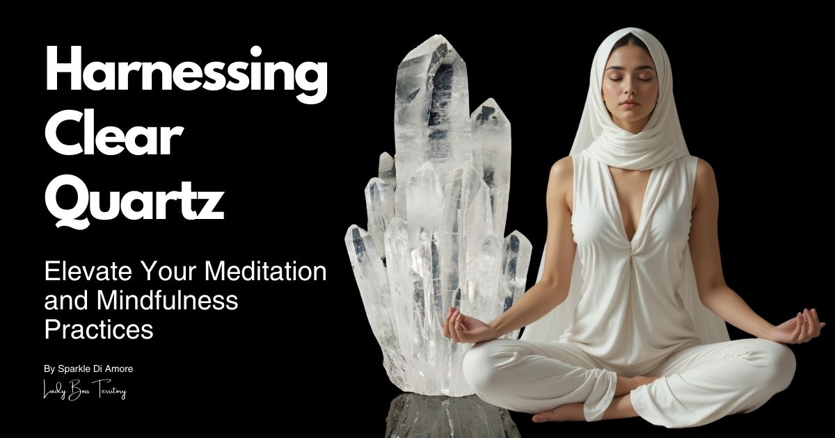 A serene woman dressed in white, meditating next to a large clear quartz crystal cluster, symbolizing energy healing and mindfulness