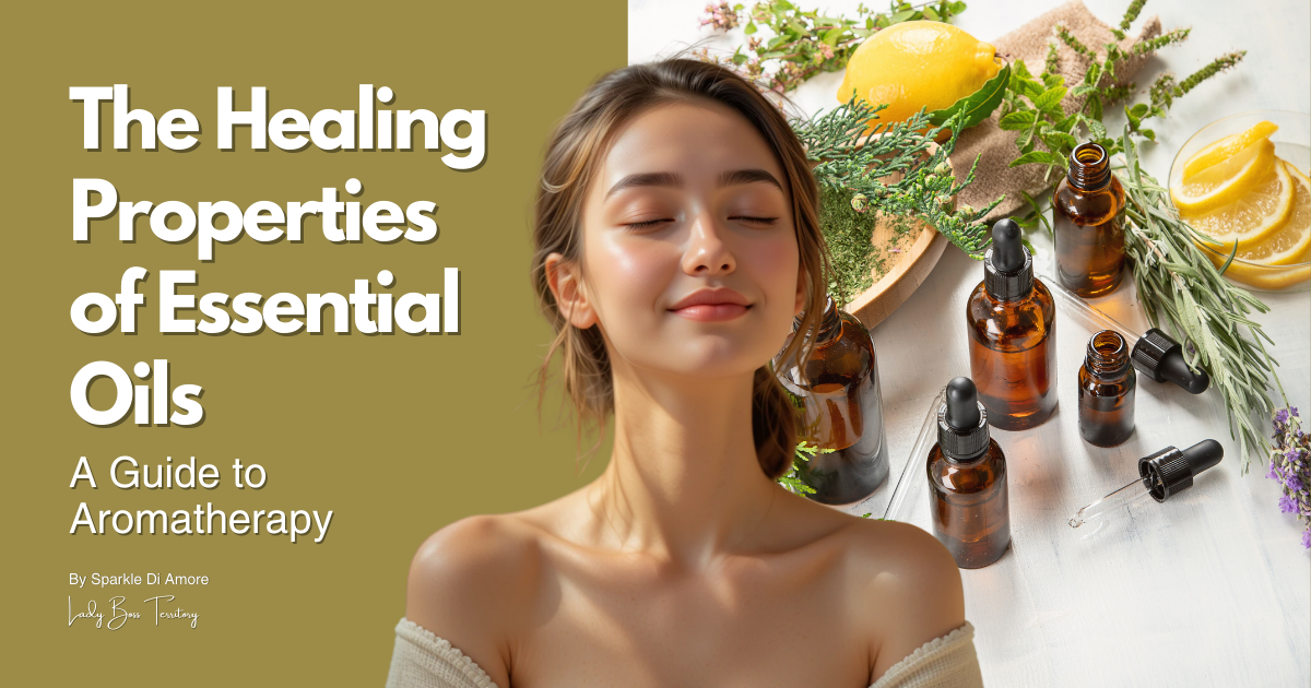 A serene woman enjoying the soothing effects of essential oils, surrounded by amber dropper bottles, fresh herbs, and citrus fruits, symbolizing the healing power of aromatherapy