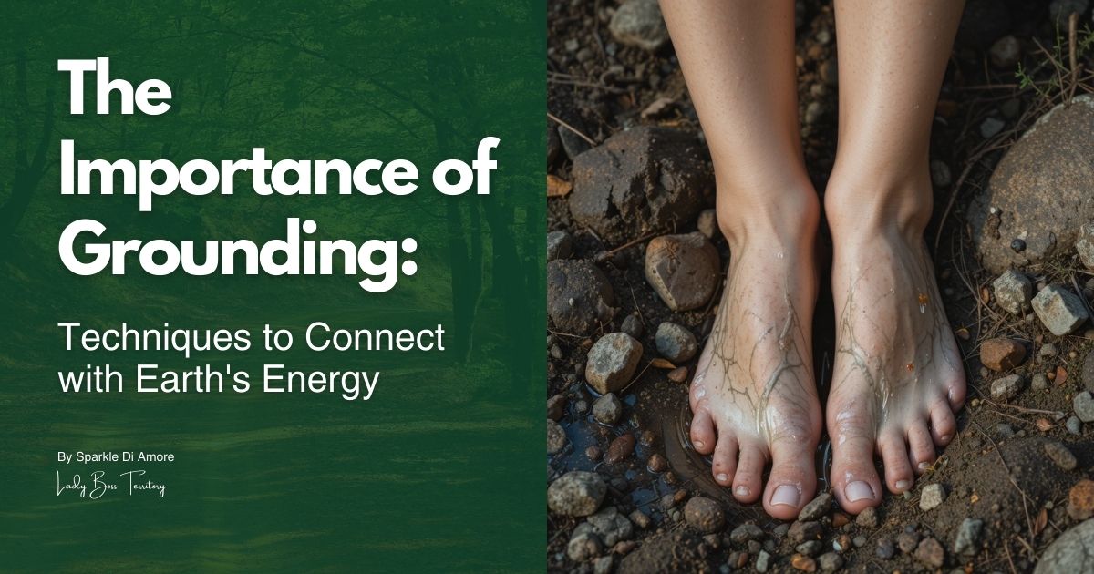 Bare feet touching the earth with water and roots symbolizing grounding and connection to Earth's energy.