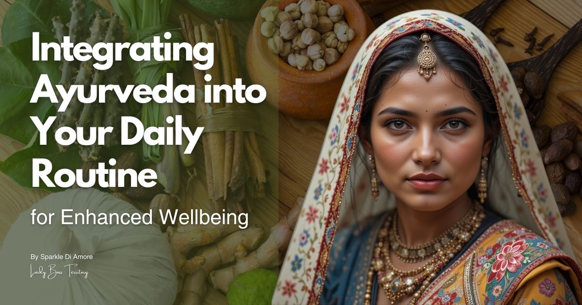 Beautiful woman in traditional Indian attire with Ayurvedic herbs and spices, representing holistic wellness and Ayurveda daily routine.