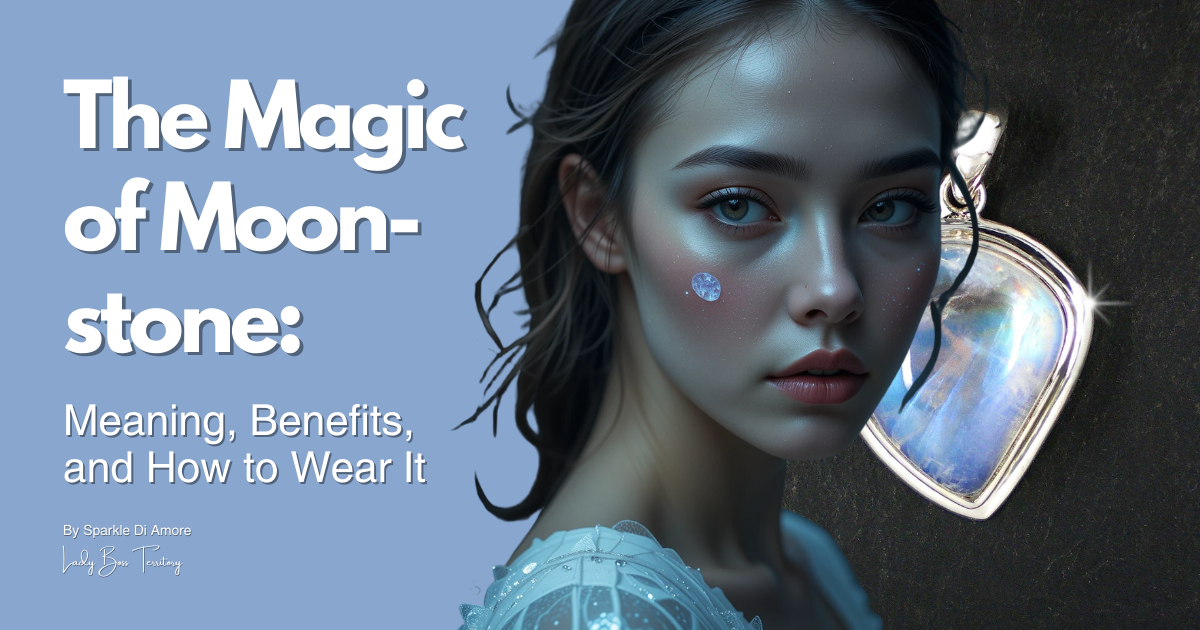 A woman with a celestial aesthetic alongside a glowing moonstone pendant, representing the magic and benefits of moonstone jewelry.