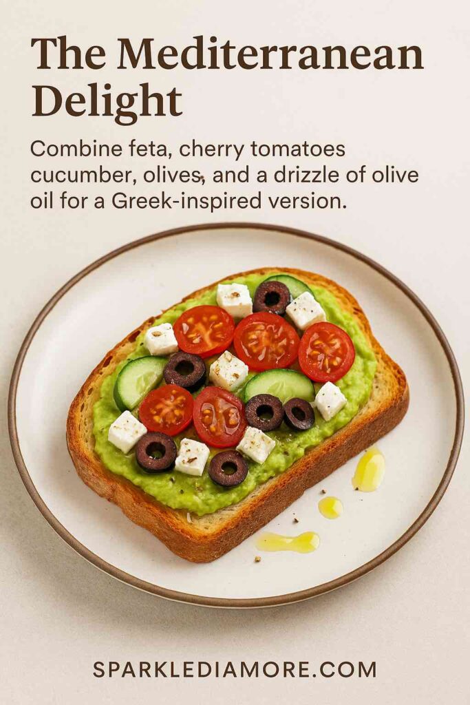 Avocado toast topped with feta cheese cubes, cherry tomatoes, cucumber slices, black olives, and a drizzle of olive oil for a Greek-inspired variation.