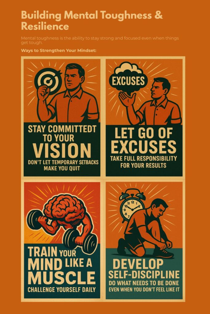 Poster-style infographic showing how to build mental toughness with tips like developing self-discipline and staying committed to your vision.