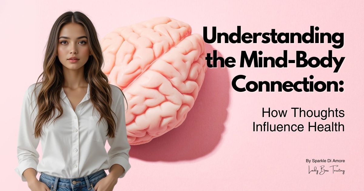 Young woman standing in front of a pink brain model, symbolizing the mind-body connection and the influence of thoughts on health.