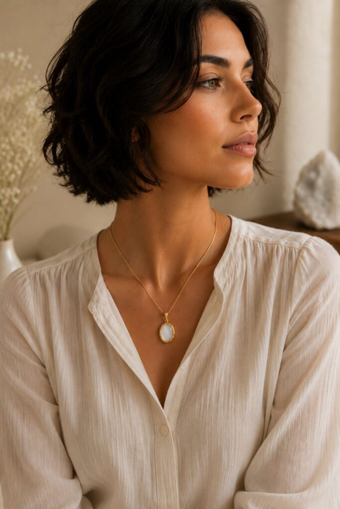 Woman wearing an elegant gold opal pendant necklace inspired by the luminous beauty of moonstone